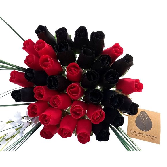 3 Dozen Black and Red Wooden Rose Flower Bouquet. The Original Wooden Rose - Picture 1 of 8